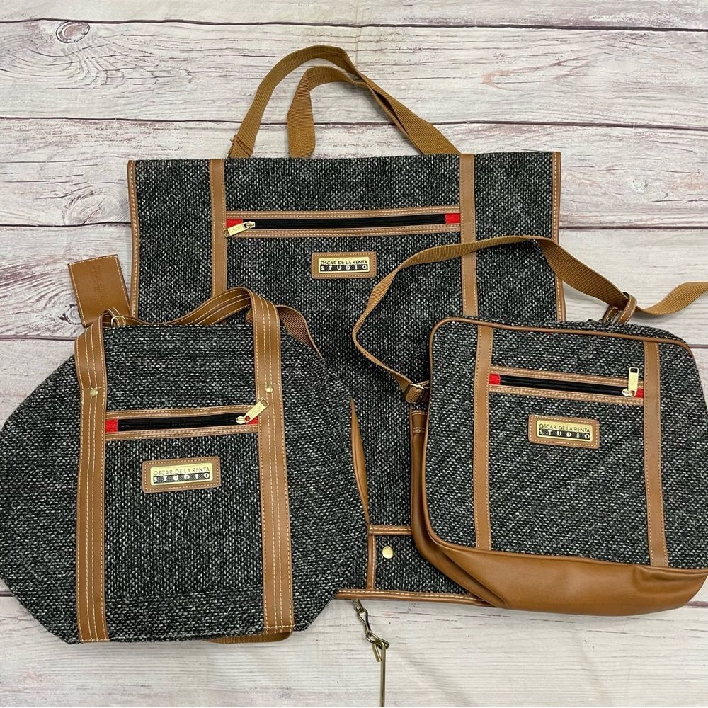 Oscar de La Renta Vintage Three Piece Luggage Set Tweed Bucle Black Tan Travel